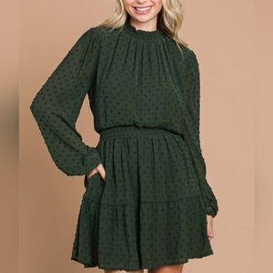 Women's Cute Casual Swiss Dot Smock Neck Mini Dress Pockets Green Md